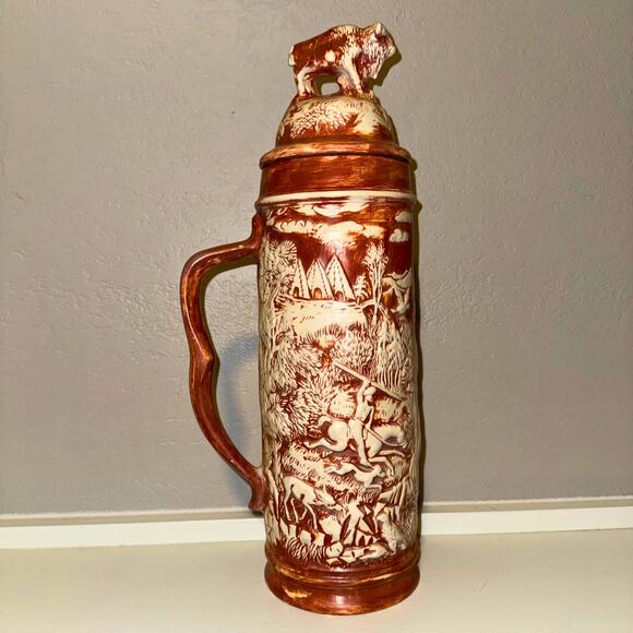 Vintage Buffalo Relief Stein — Brown & Ivory Western Hunting Scene Mug - Picture 4 of 9